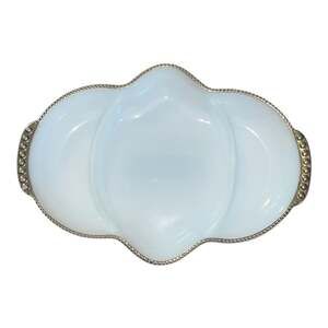 Vintage Fire-King Oven Ware White Milk Glass  Serving Dish with Gold Bead Trim